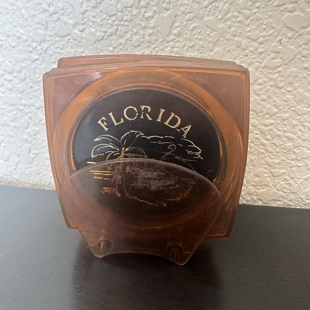 Vintage Amber Plastic Florida Map Souvenir Coasters Made‎ in Hong Kong